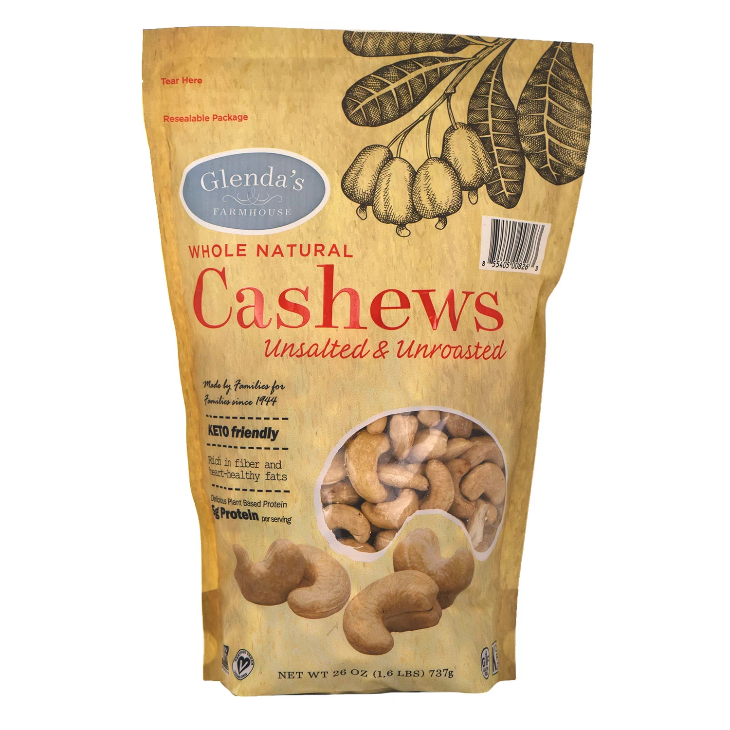 Glenda’s Farmhouse Whole Natural Unsalted/Unroasted Cashews (26 oz.)