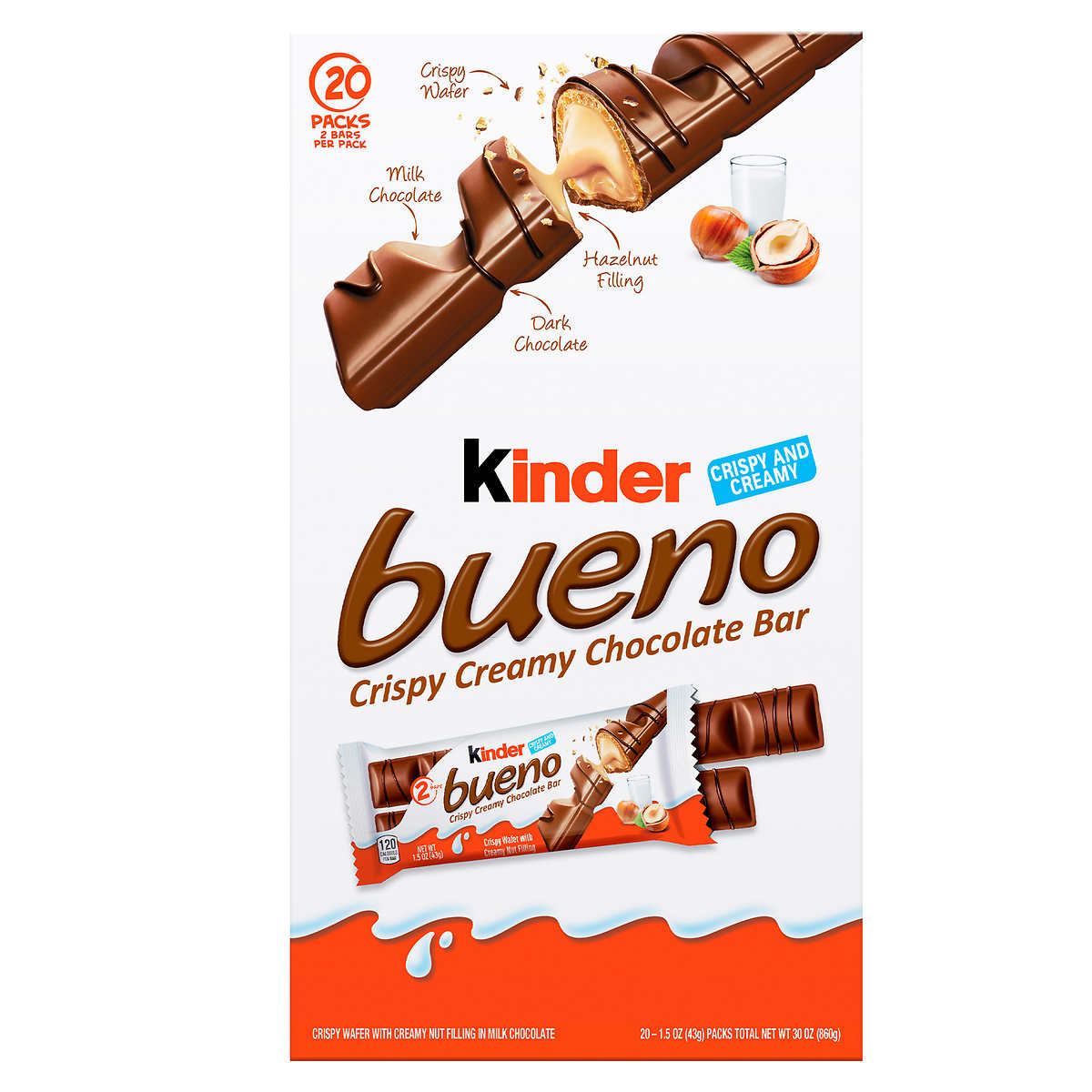 Kinder Bueno Chocolate and Hazelnut Chocolate Bars, 2 Bars, 1.5 oz, 20 Pack