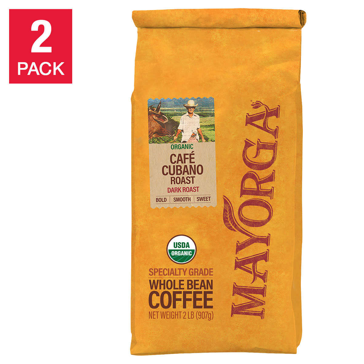 Mayorga Organic Café Cubano Roast, USDA Organic, Dark Roast, Whole Bean Coffee, 2lbs, 2-pack