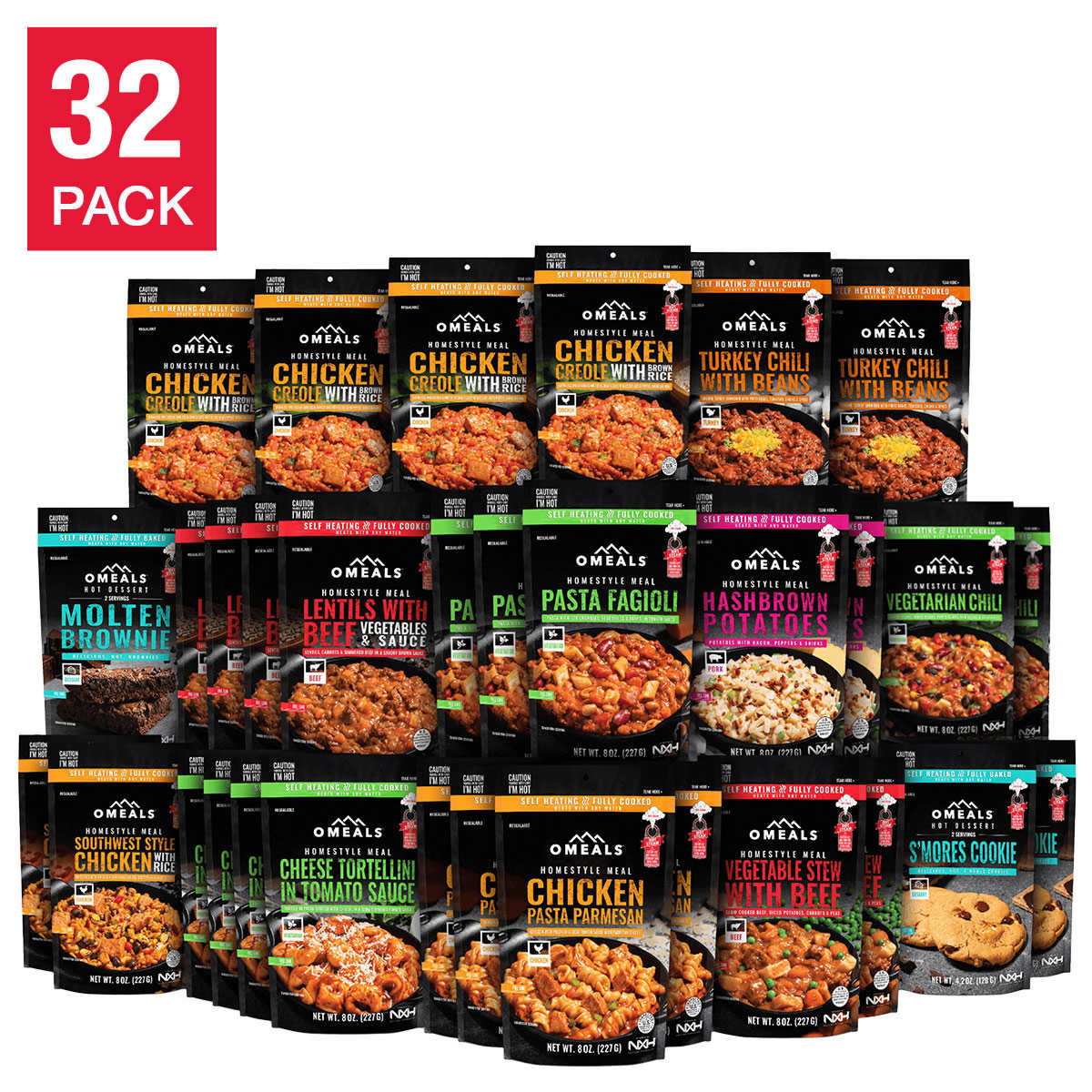 Omeals Self Heating Emergency/Portable Meals 32 Pack High Protein Assortment