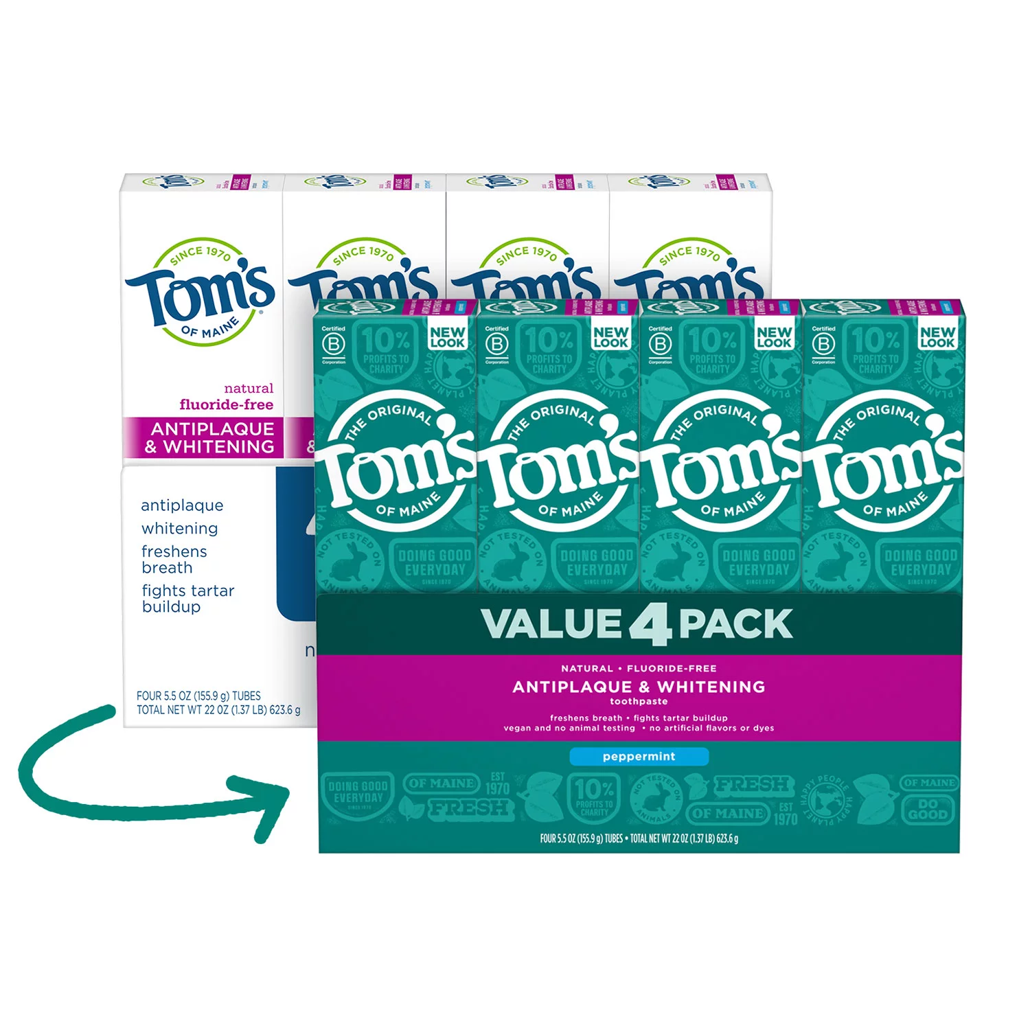 Tom’s of Maine Fluoride-Free Antiplaque & Whitening Toothpaste, Peppermint (5.5 oz., 4 pk.)
