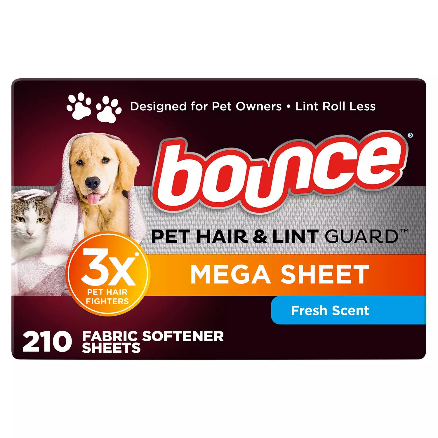 Bounce Pet Hair and Lint Guard Mega Dryer Sheets with 3X Pet Hair Fighters, Fresh Scent (210 sheets)