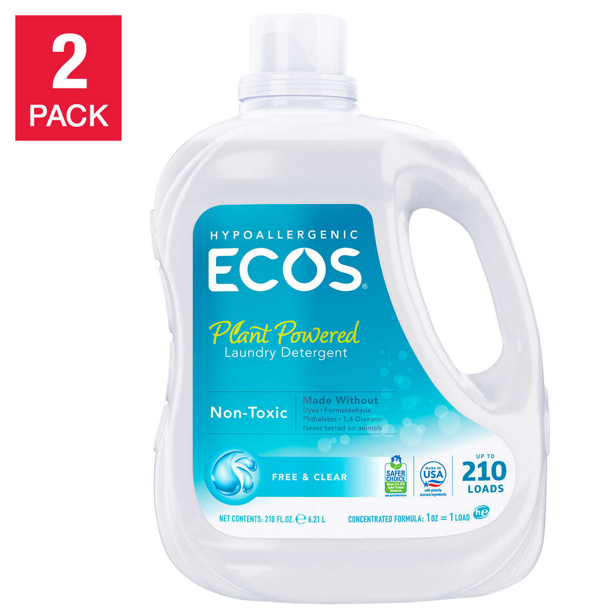 ECOS HE Liquid Laundry Detergent, Free & Clear, 210 loads, 210 fl oz, 2-count