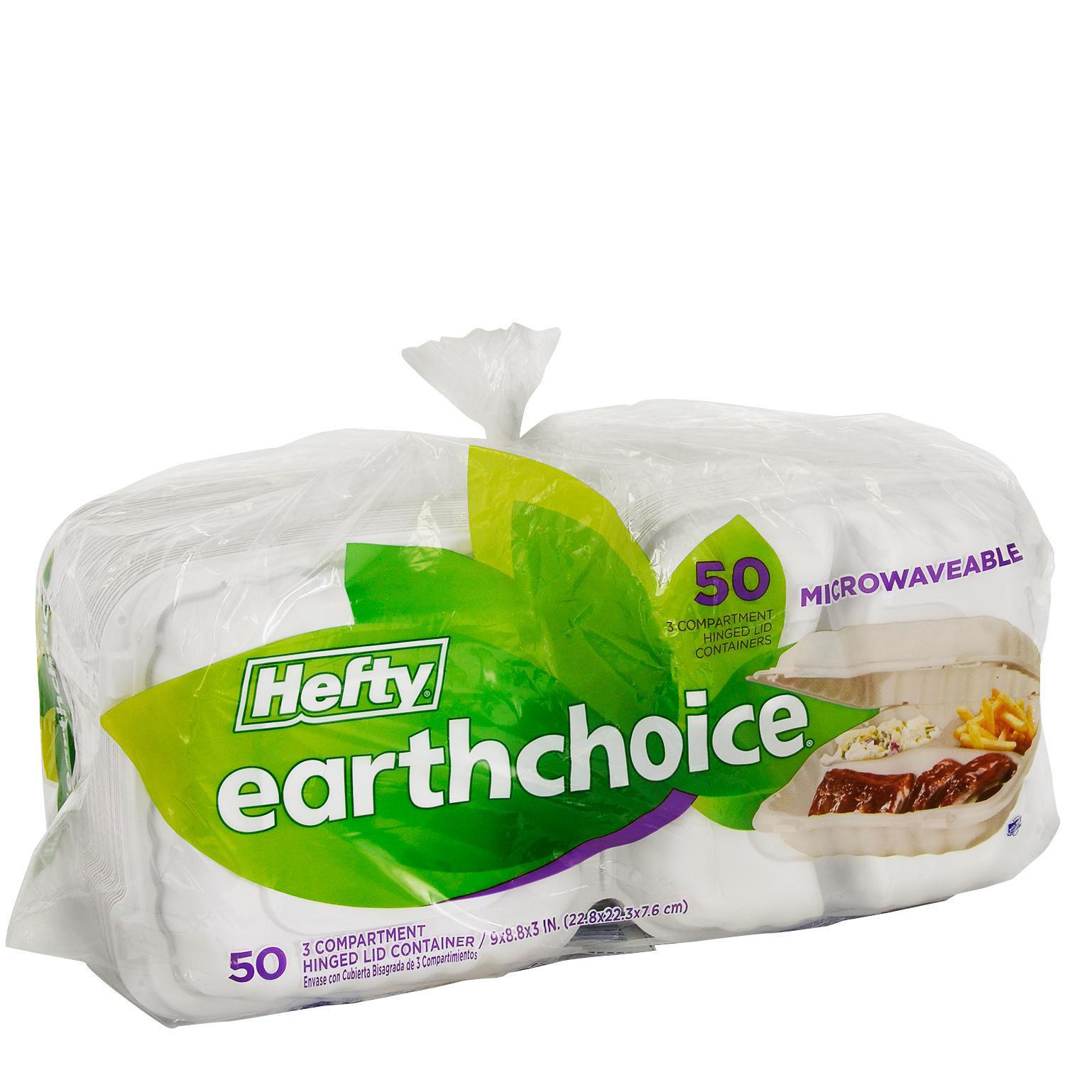 Hefty Earthchoice Hinged, 9″, 3-Compartment Containers (50ct.)