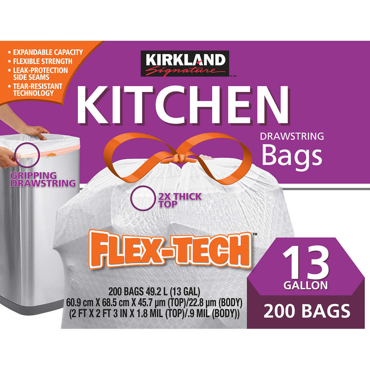 Kirkland Signature Flex-Tech 13-Gallon Kitchen Trash Bag 200-Count