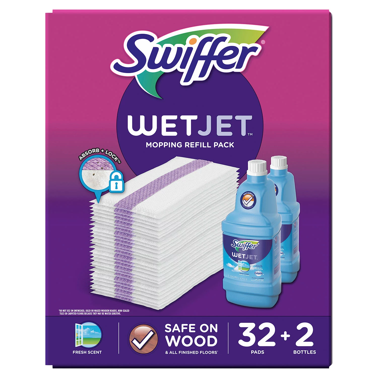 Swiffer Wetjet Mopping Refill Pack (32 Refill Pads plus 2 Bottles of Cleaner 1.25 L ea.)
