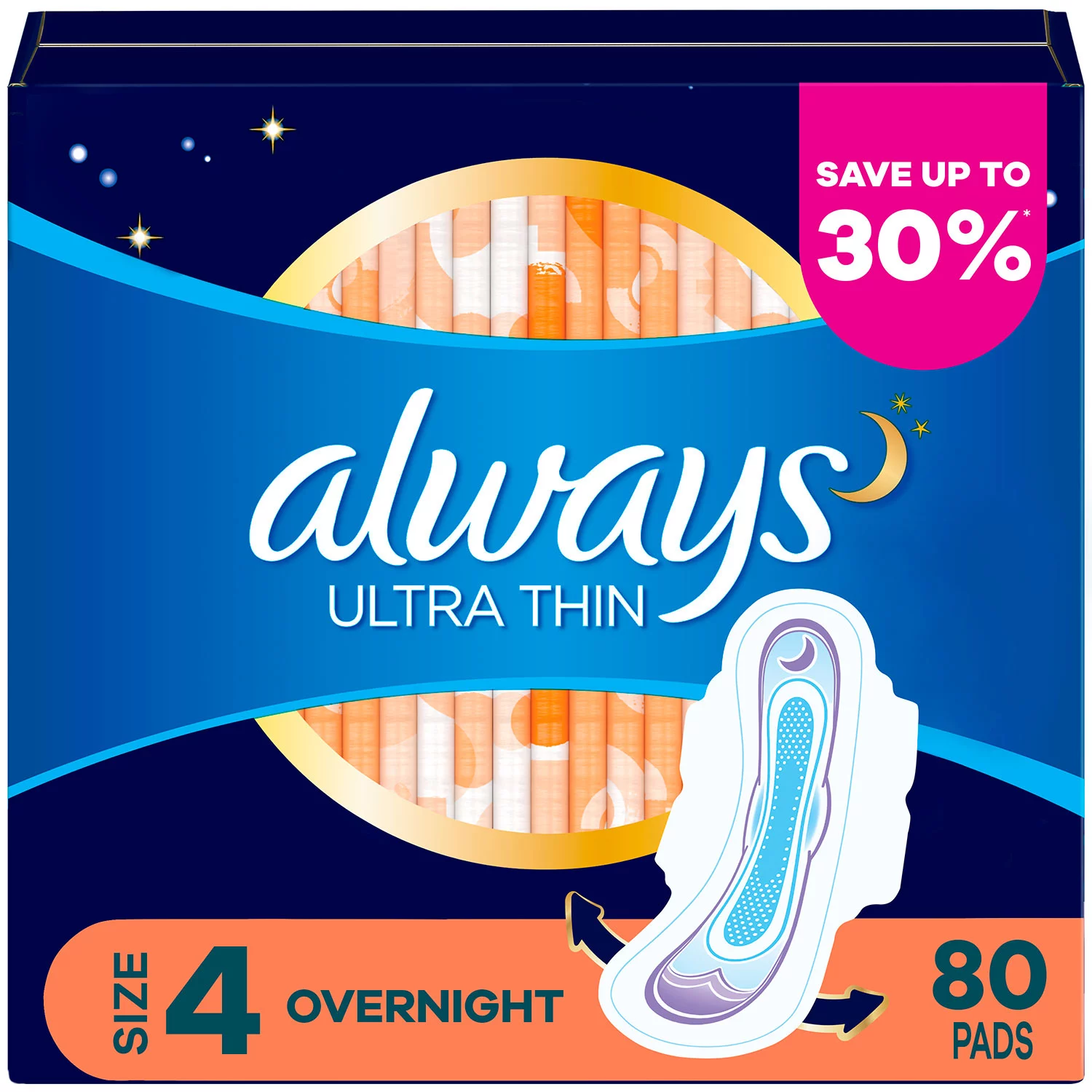 Always Ultra Thin Size 4 Overnight Pads With Wings Unscented (80 ct.)