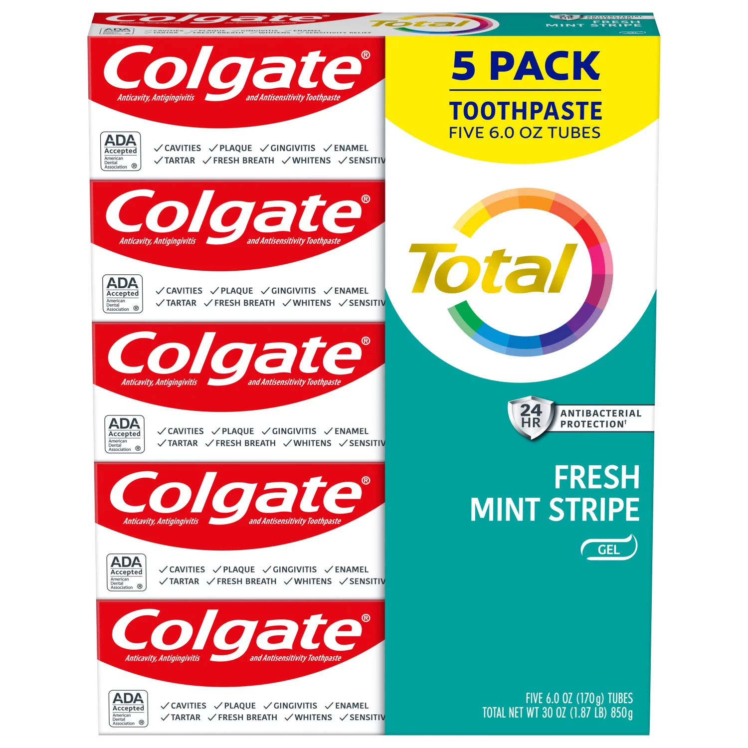 Colgate Total Fresh Mint Stripe Gel Toothpaste (6 oz., 5 pk.)
