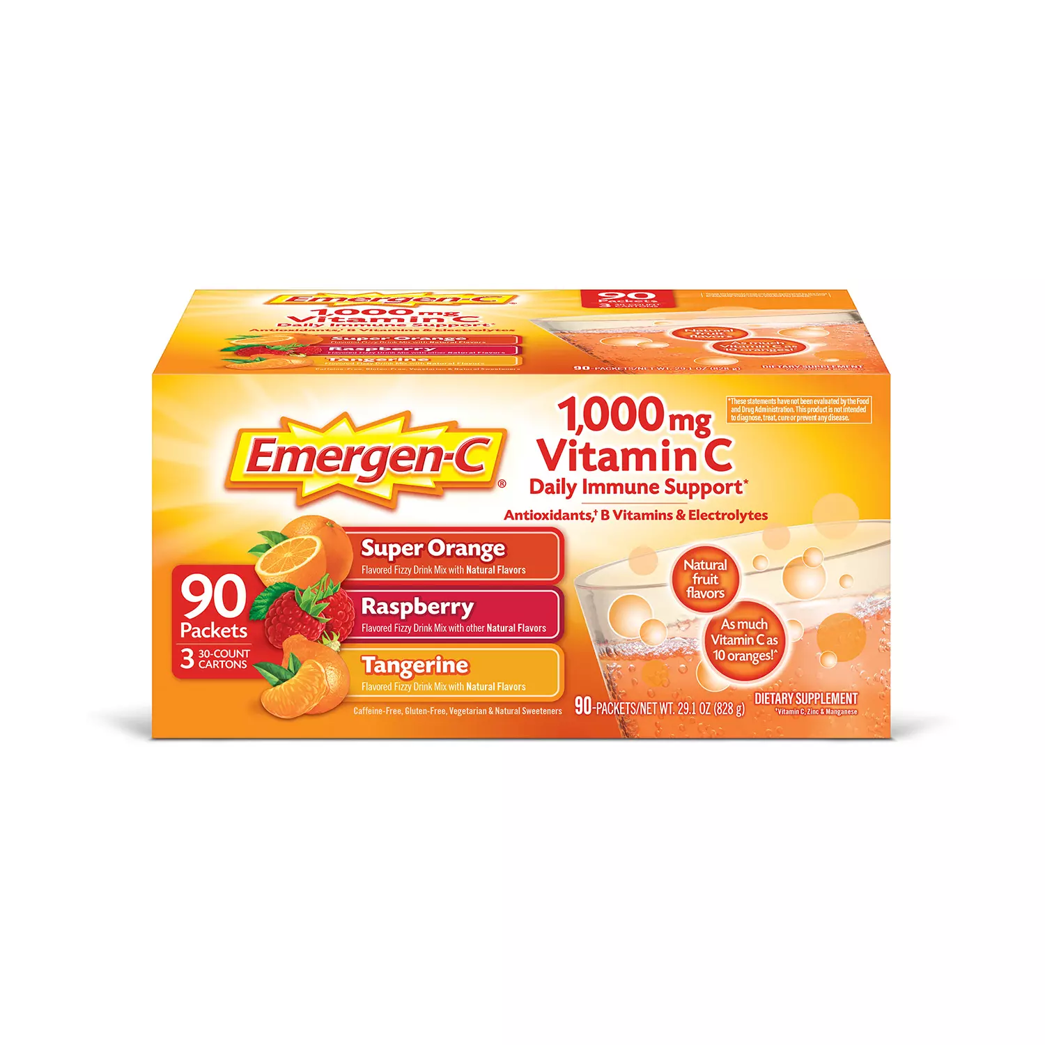 Emergen-C Variety Pack Dietary Supplement Drink Mix with 1000mg Vitamin C, 3 Flavors (90 ct., 32 oz. pks.)