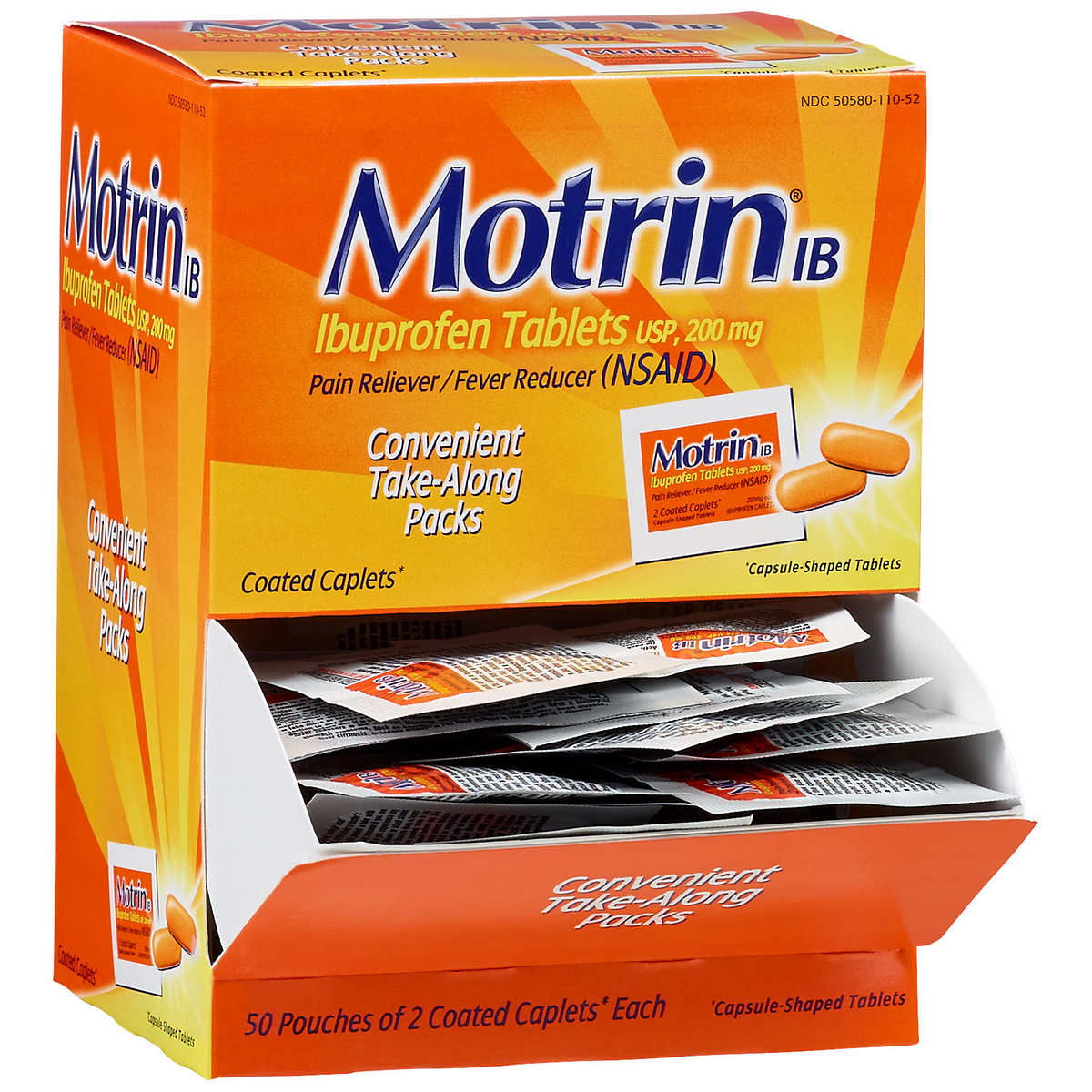 Motrin Ibuprofen Pain Reliever and Fever Reducer Caplets, 2 Caplets, 50-count