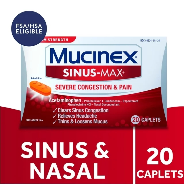 Mucinex Sinus-Max Maximum Strength Severe Congestion & Pain Caplets, 20 Ct