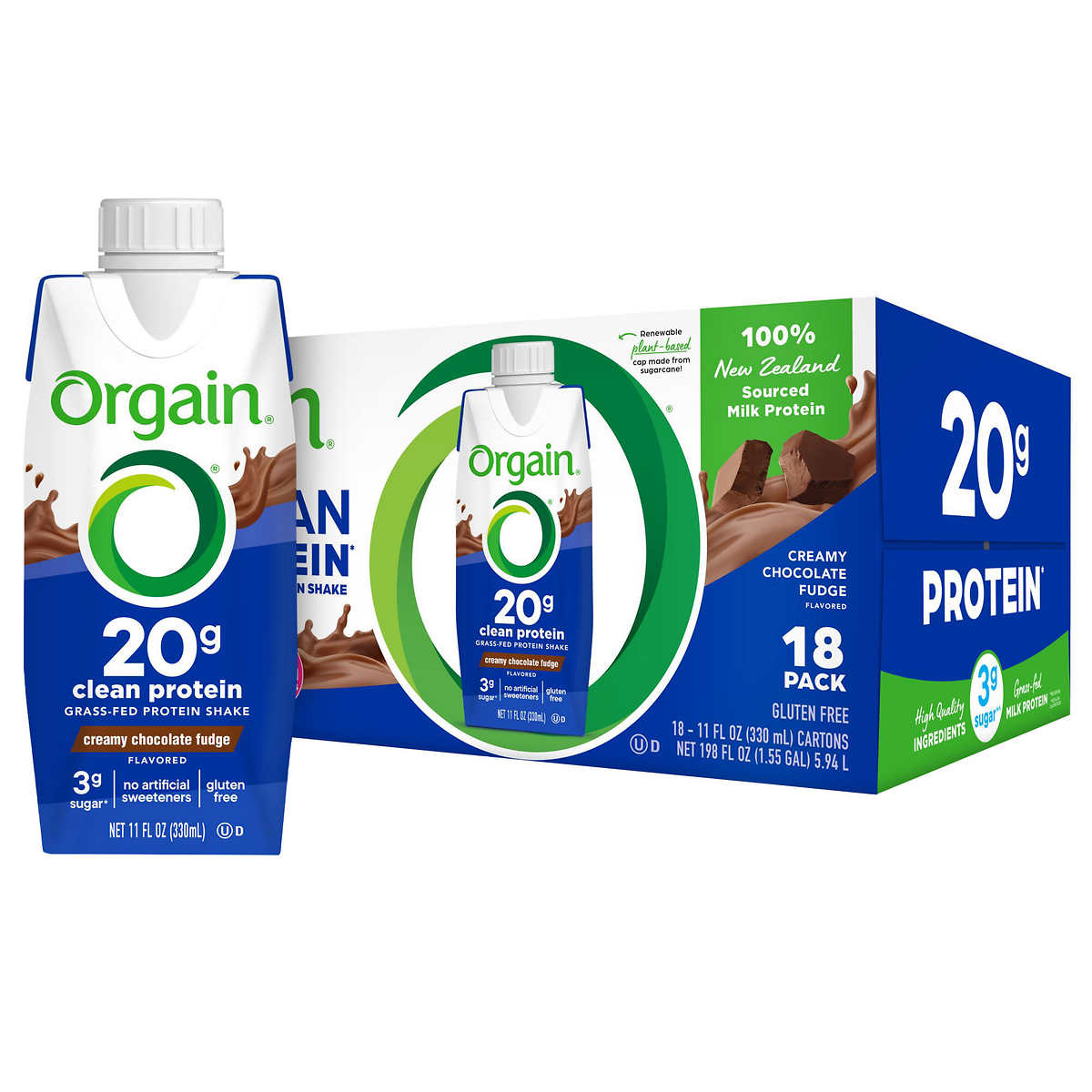Orgain Clean Grass Fed Protein Shake, Creamy Chocolate Fudge, 11 fl oz, 18-count