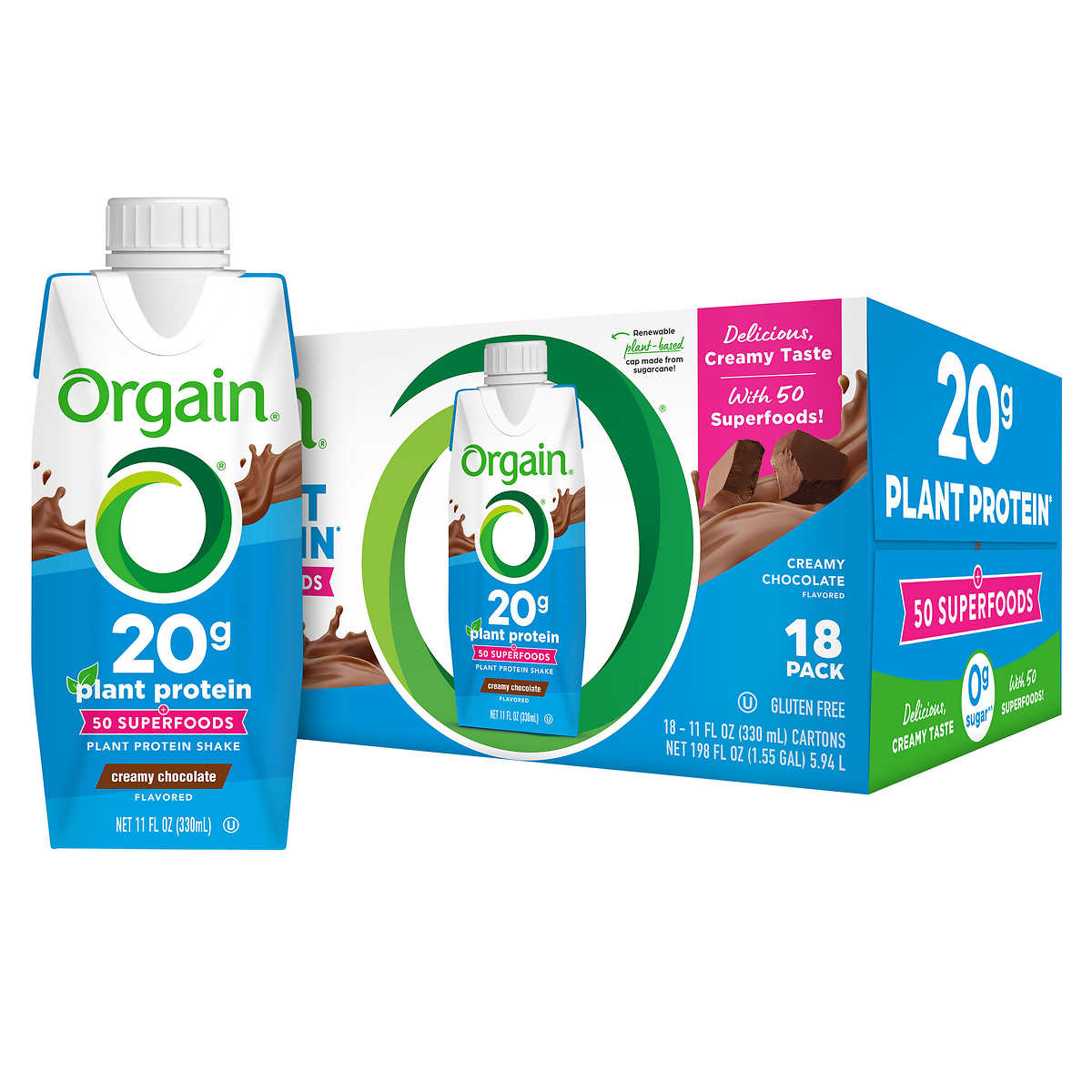 Orgain Plant-Based Protein Shake Chocolate 11 fl oz, 18-count
