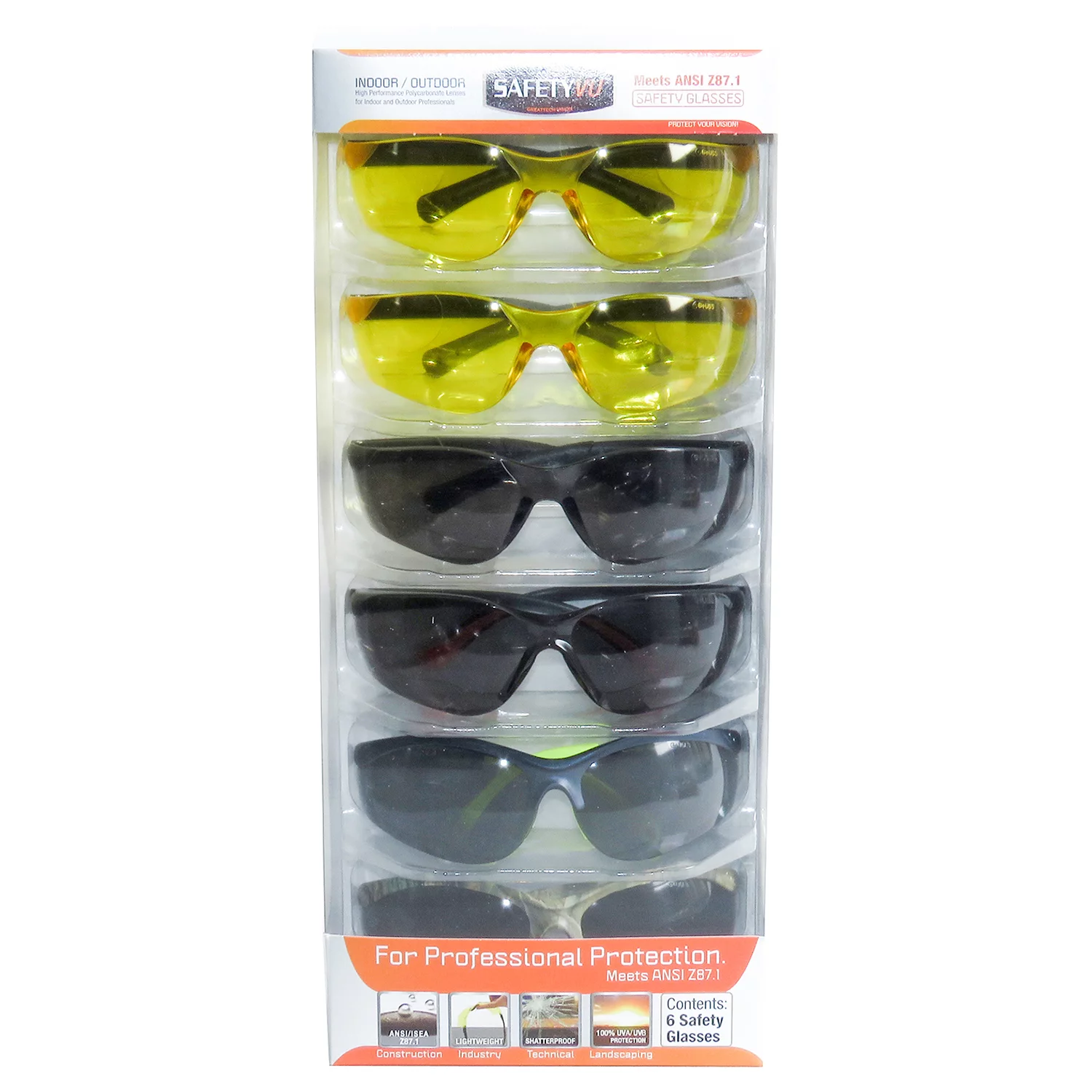 SafetyVU Safety Glasses, 4 Smoke and 2 Yellow, (6 pk.)  